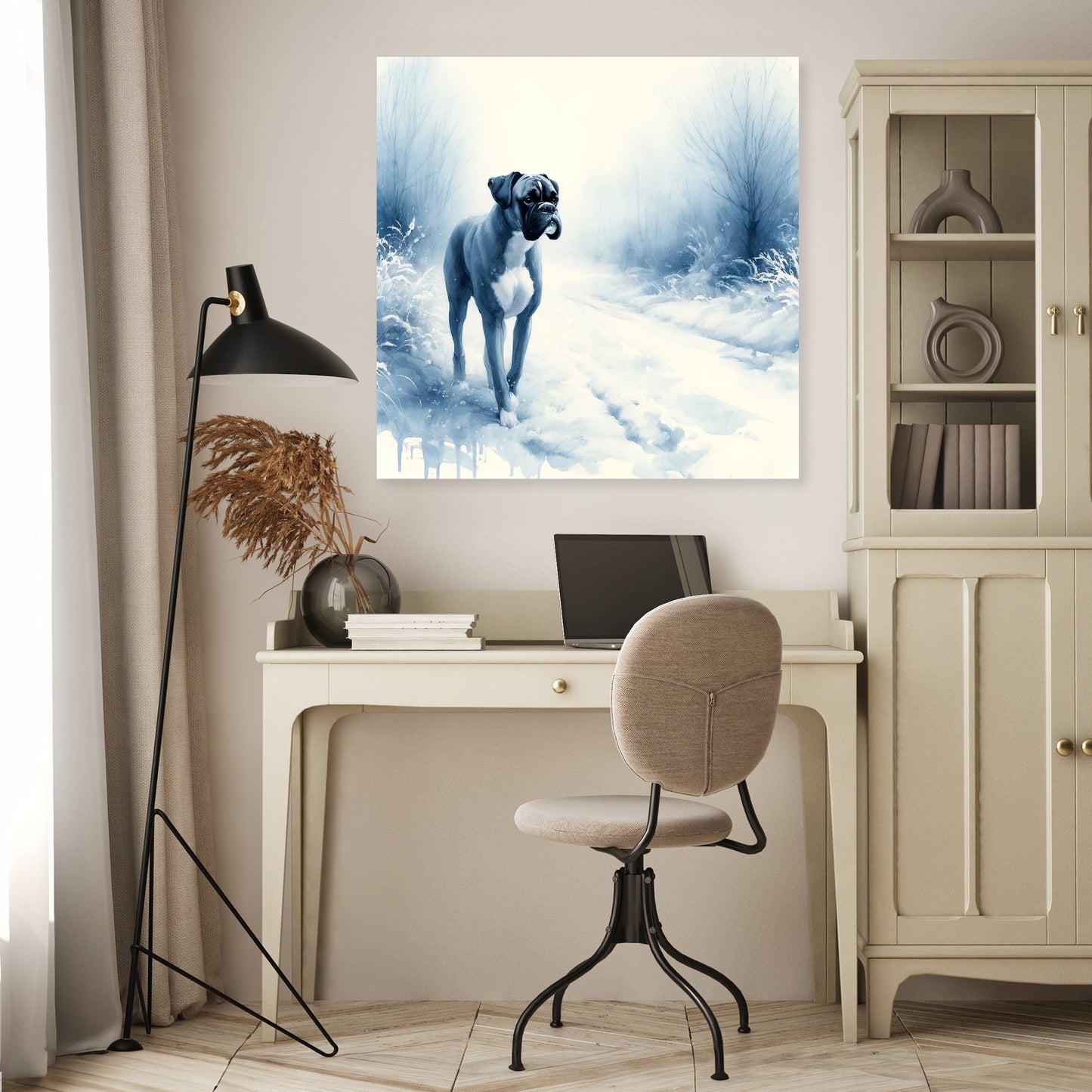 Boxer's Winter Walk Snowy Scene Canvas