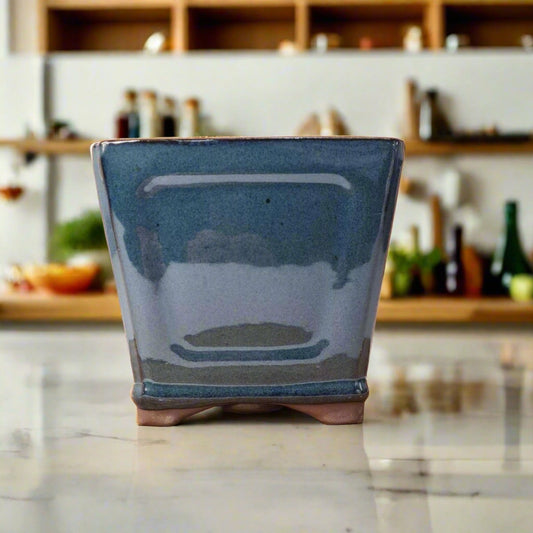 14cm Glazed Cascade Bonsai Pot | Square | 14cm x 14cm x 13cm | Blue