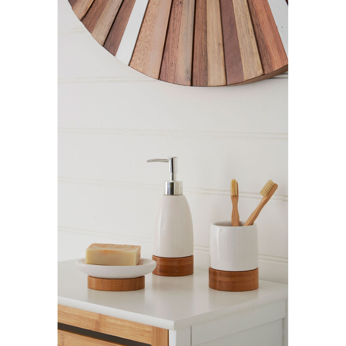 Earth White Ceramic and Bamboo 3 Piece Bathroom Set