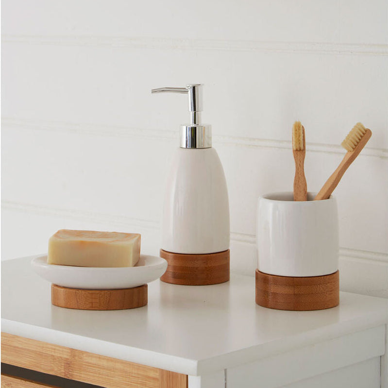 Earth White Ceramic and Bamboo 3 Piece Bathroom Set