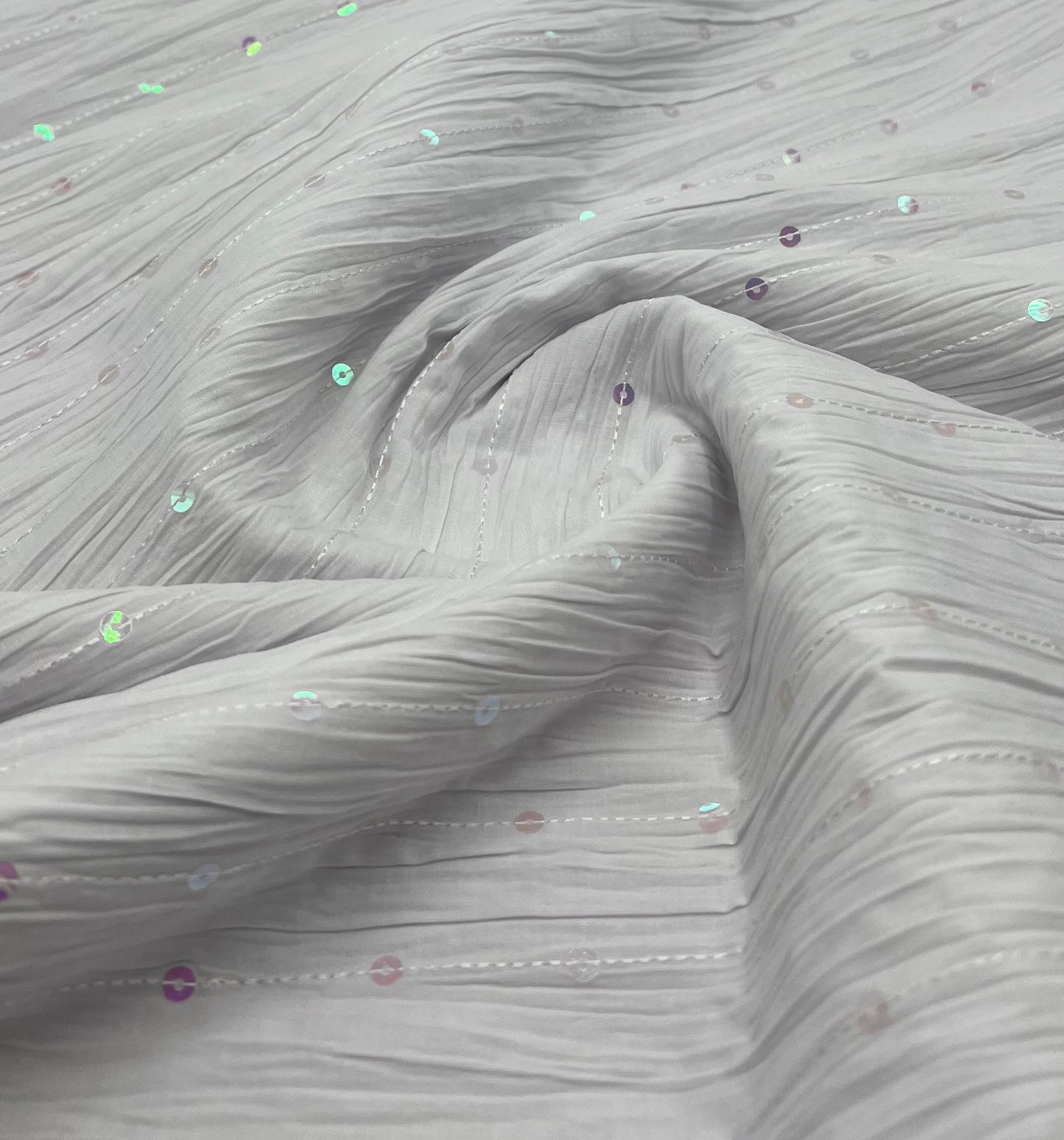White Sequin Crinkled Lightweight Non Stretch Fabric