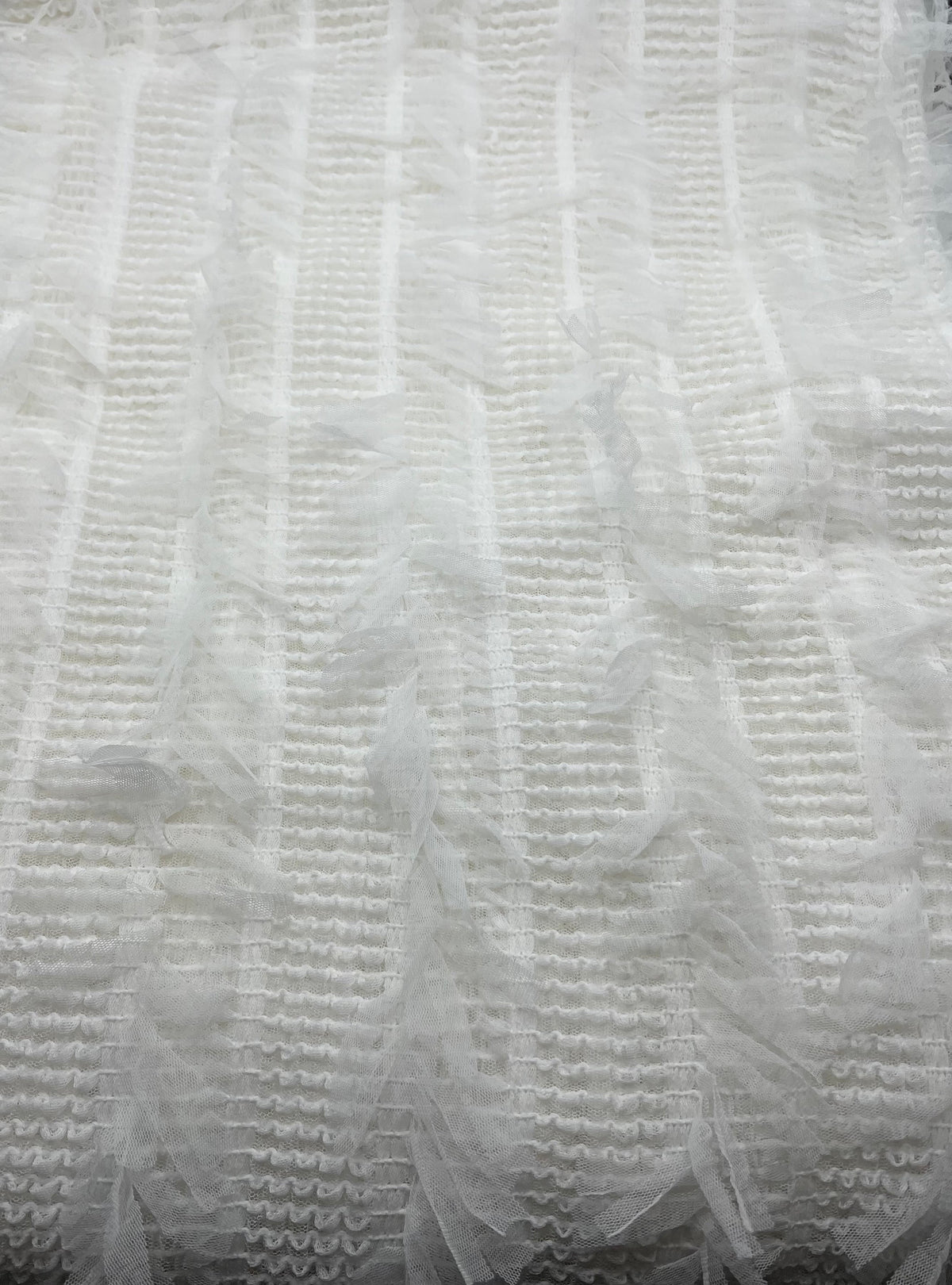 White Textured Mesh Tassel Fabric 2 Way Stretch