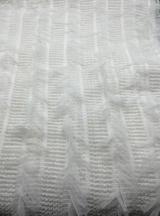 White Textured Mesh Tassel Fabric 2 Way Stretch