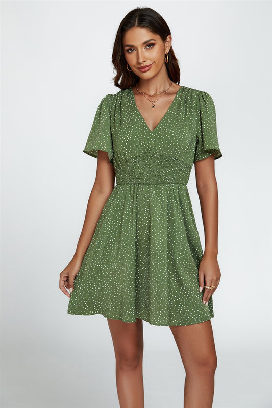Dot Print Short Sleeve Mini Dress In Green