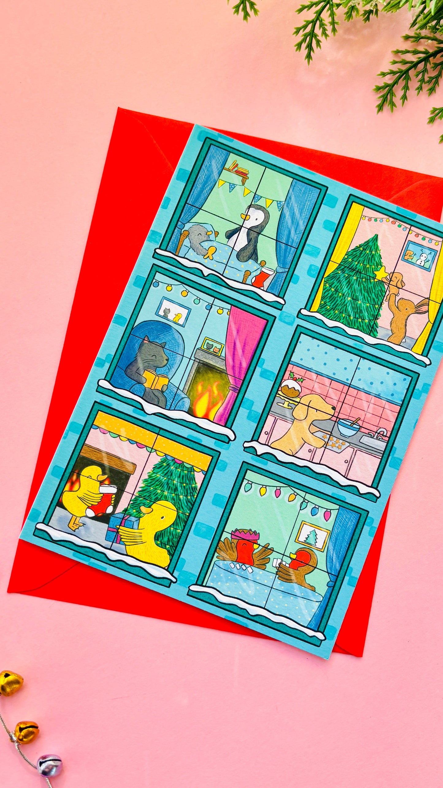 Illustrated animals Christmas scene A6 greetings card