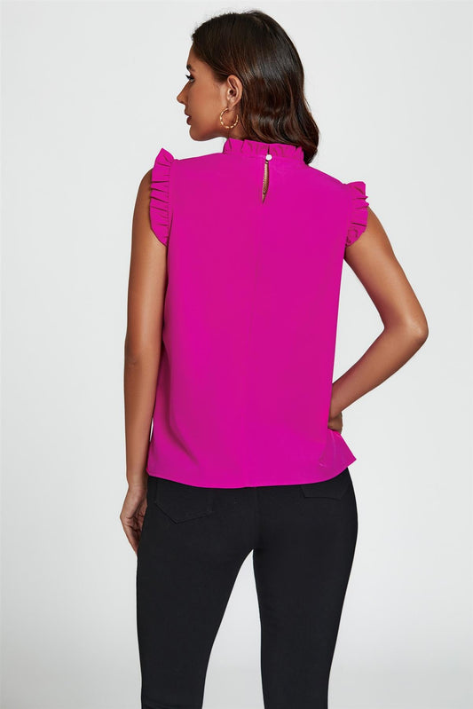 Frill Trim Sleeve Frill Neck Blouse Top In Magenta