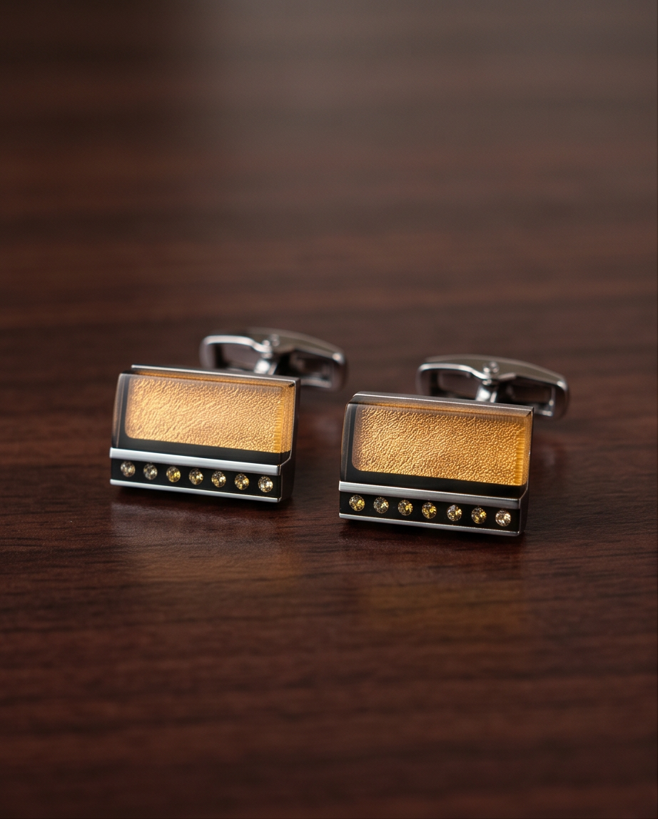Textured Amber & Crystal Rectangle Cufflinks