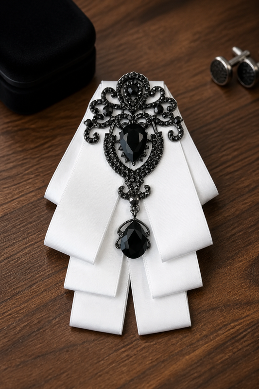 Ornate Black Gem & White Ribbon Bow Tie Brooch