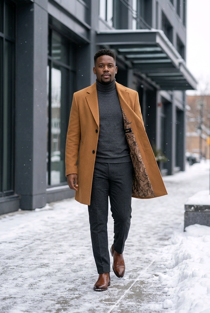 Classic Camel Wool-Blend Overcoat with Single Back Vent