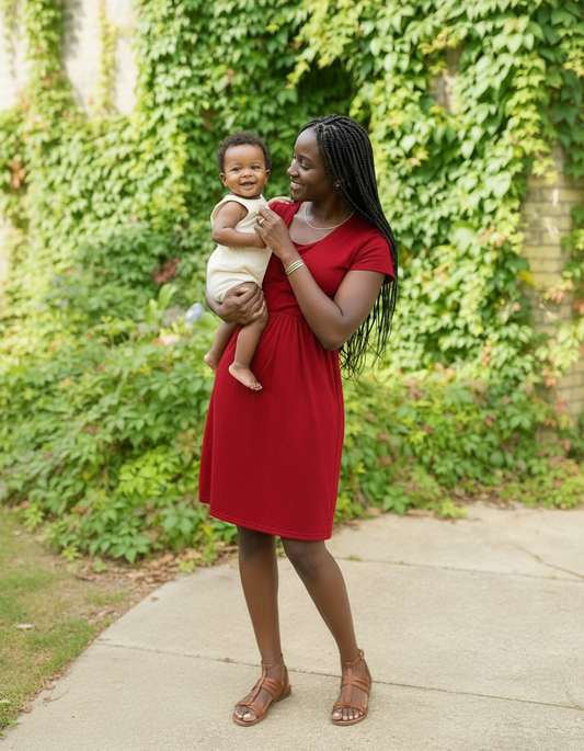 Burgundy Red Cotton Breastfeeding Dress