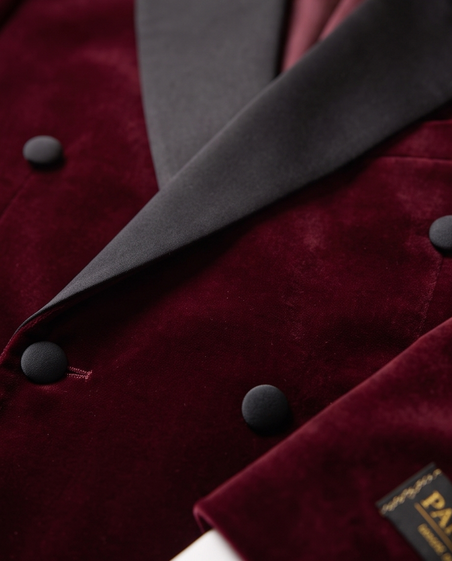 Burgundy Double Breasted Velvet Tuxedo Blazer
