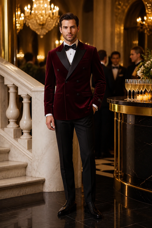 Burgundy Double Breasted Velvet Tuxedo Blazer