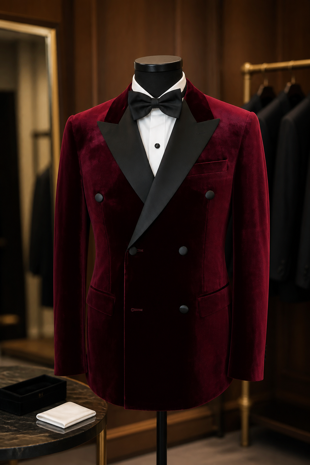 Burgundy Double Breasted Velvet Tuxedo Blazer