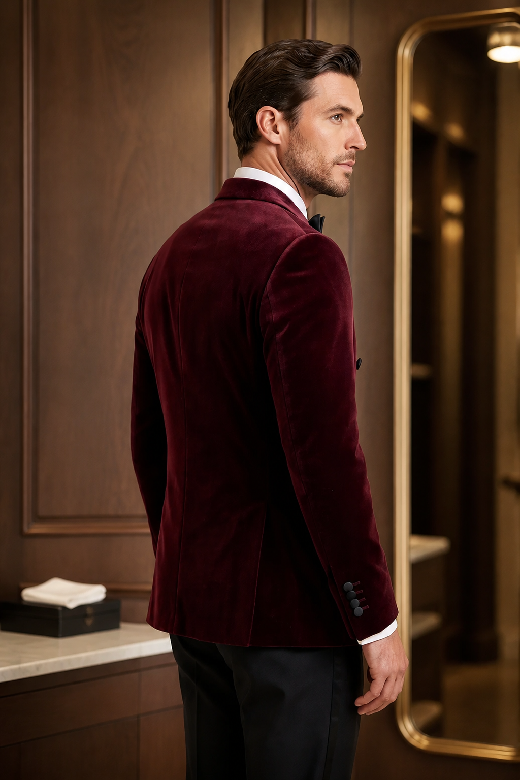 Burgundy Double Breasted Velvet Tuxedo Blazer