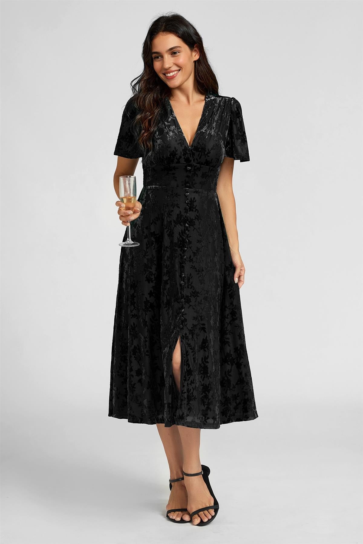 Floral Velvet Devore V neckline Dress In Black