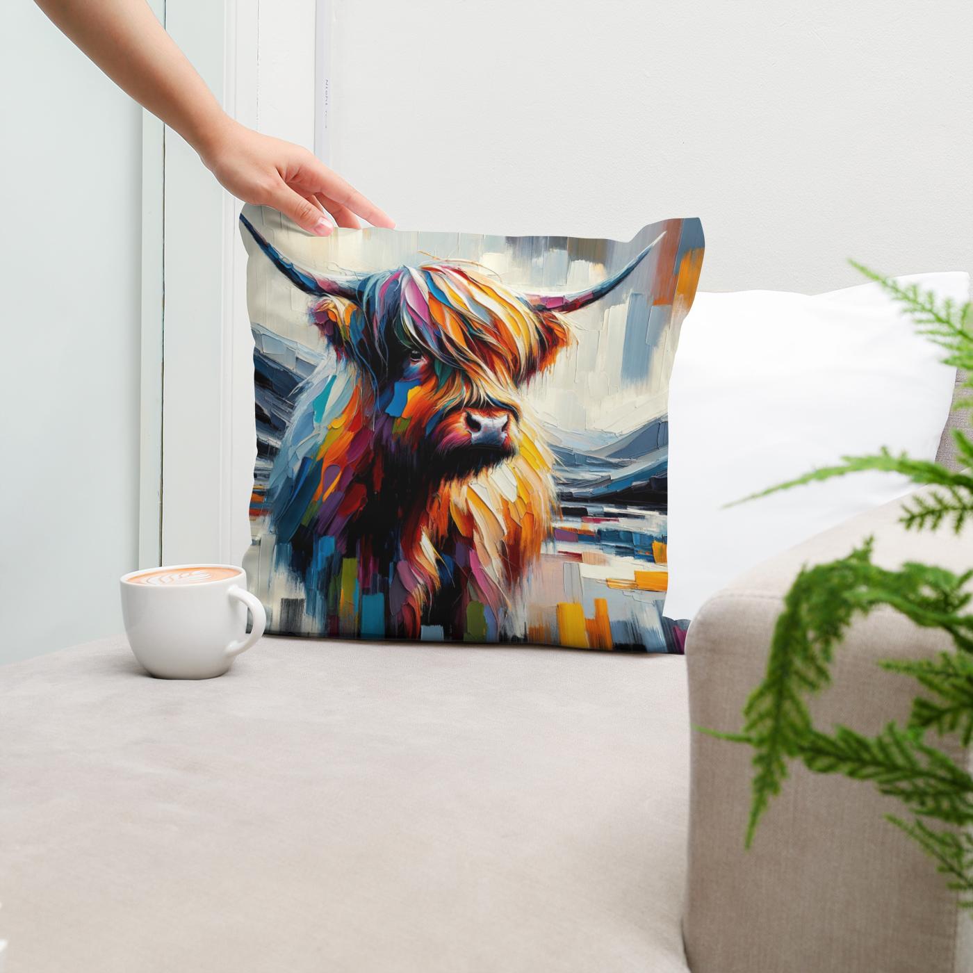 Vibrant Highland Cow Abstract Cotton Cushion