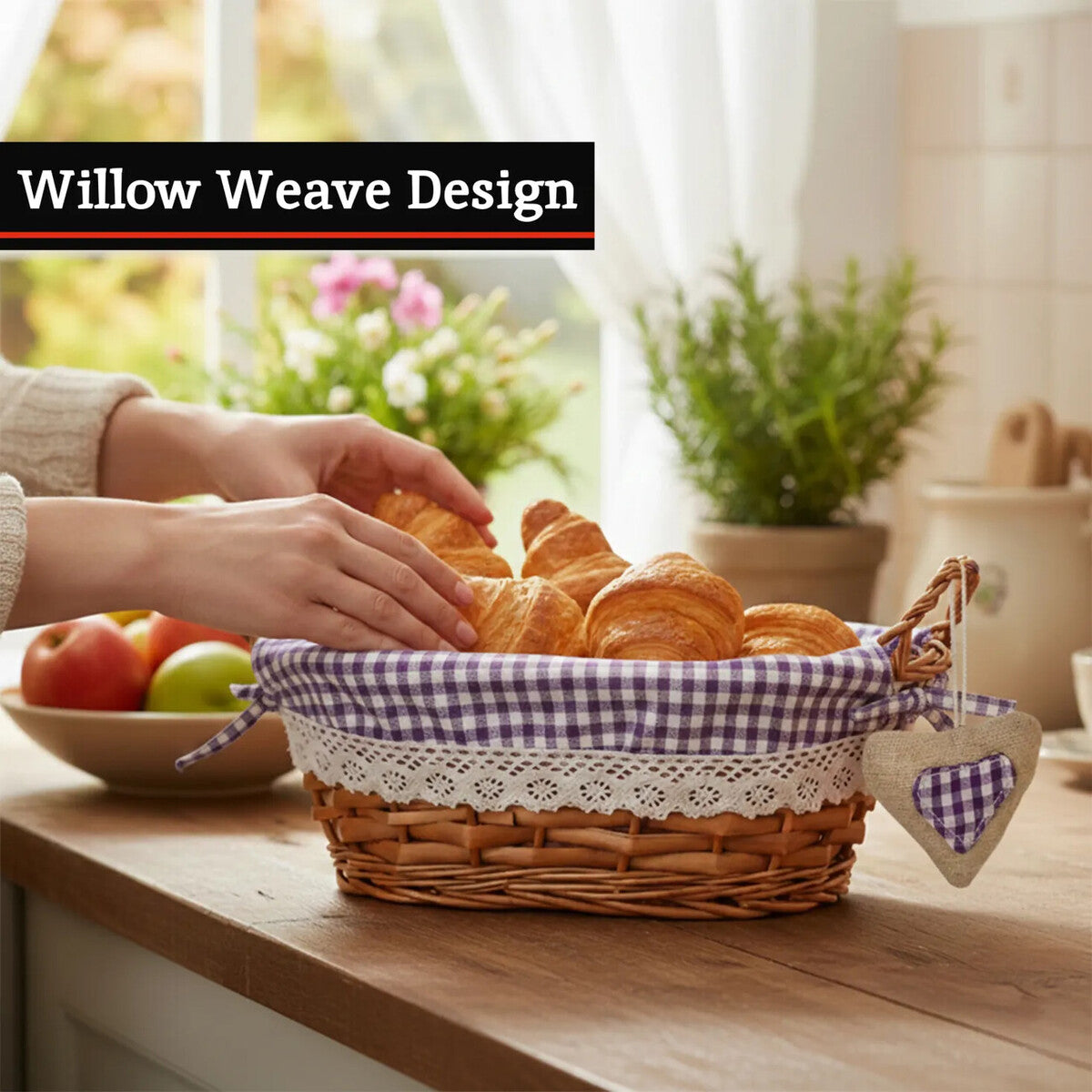 Orla Willow Bread Basket with Purple Gingham Lining
