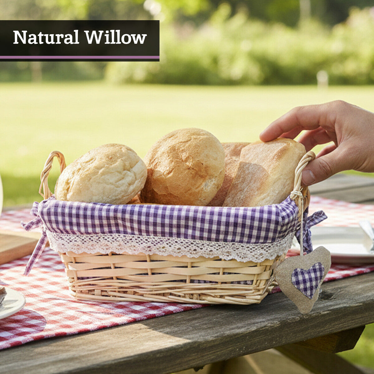 Orla Purple Gingham Lining Small Rectangular Willow Bread Basket