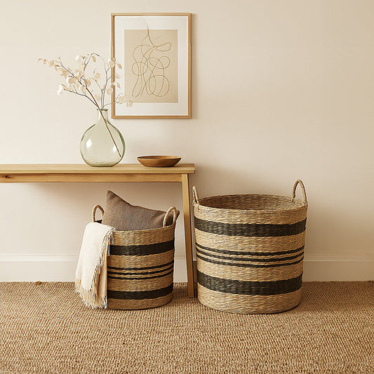 Arles Set of 2 Seagrass Baskets with Black Stripes.