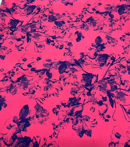 Hot Pink Purple Floral Compact Crepe Fabric 2 Way Stretch