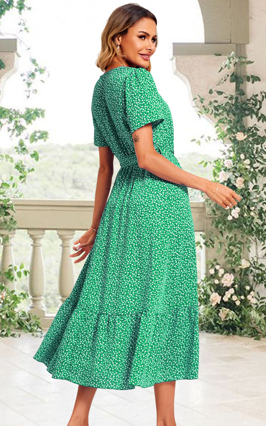 White Little Flower Print Short Sleeve Wrap Style Midi Dress In Green