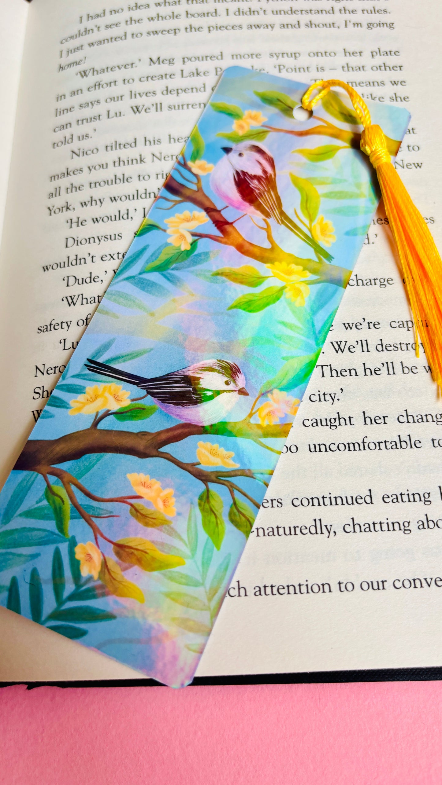 Handmade Holographic Bookmark- Long Tailed Tits