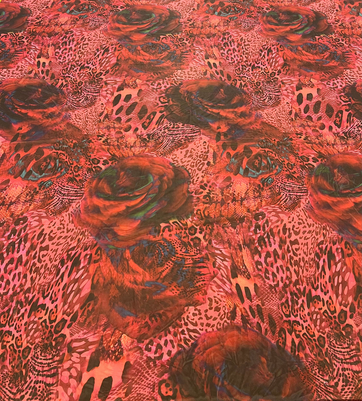 Red Rose Animal Mix Print Mesh Fabric Stretch