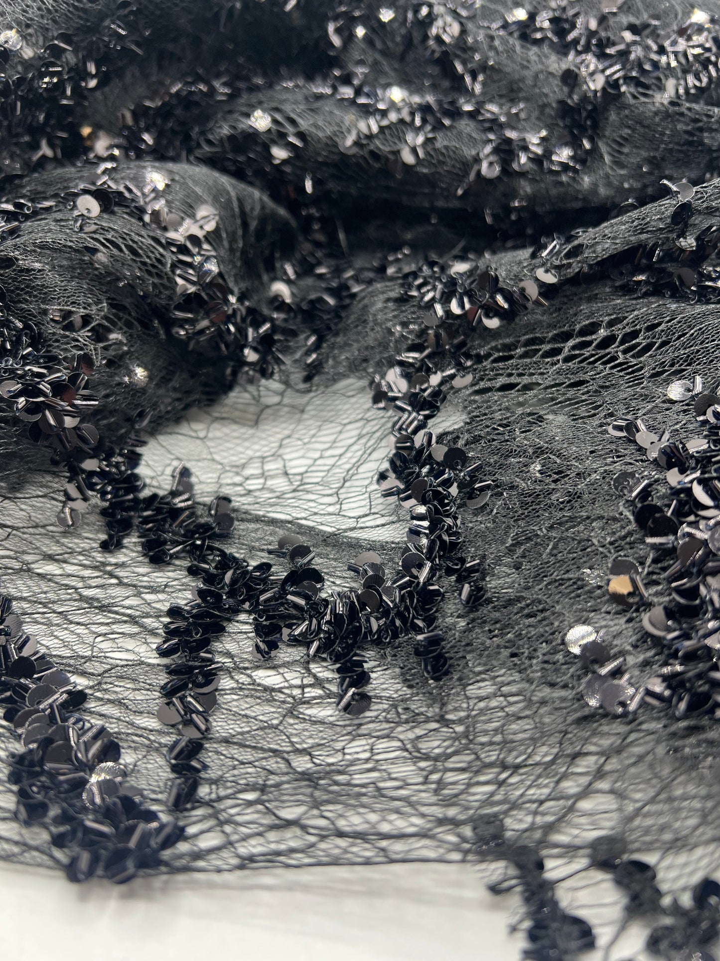 Black Sequin Detail Tulle Net Mesh Fabric Stretch
