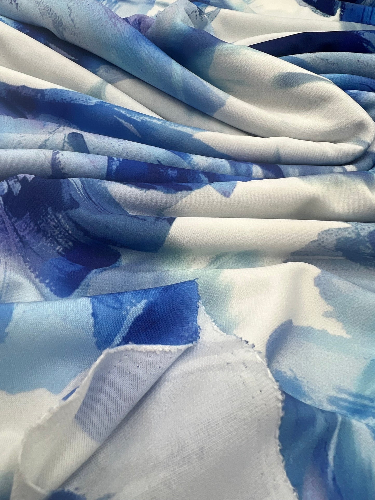 Blue Large Floral Print ITY Fabric 2 Way Stretch