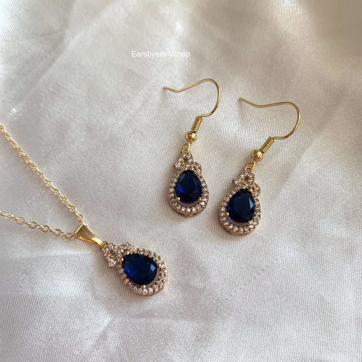 Dark blue/ navy glass crystal with silver rhinestones 14k gold plated earrings, necklace or jewellery set