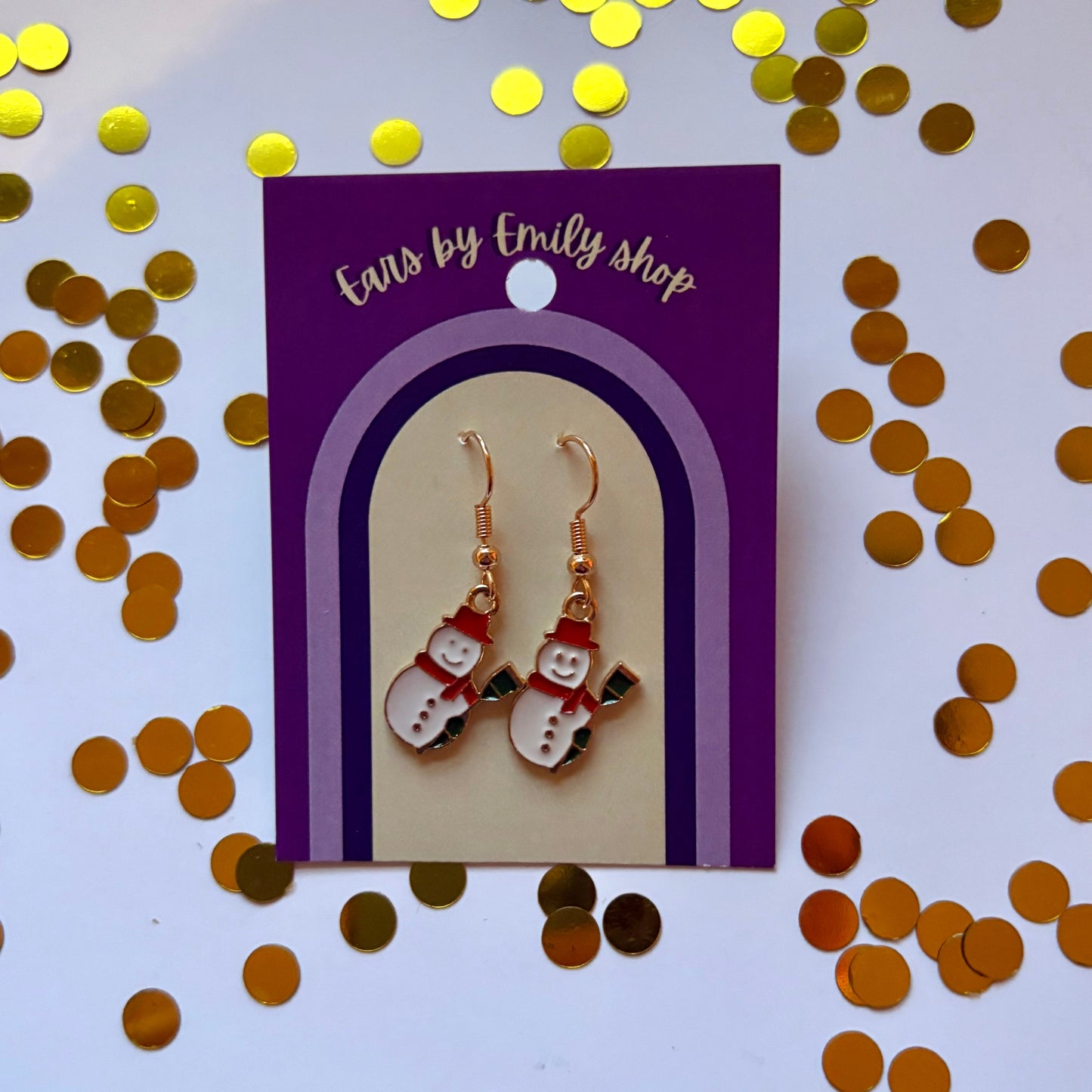 Gold and white Christmas angel snowman dangle earrings on gold plated hooks