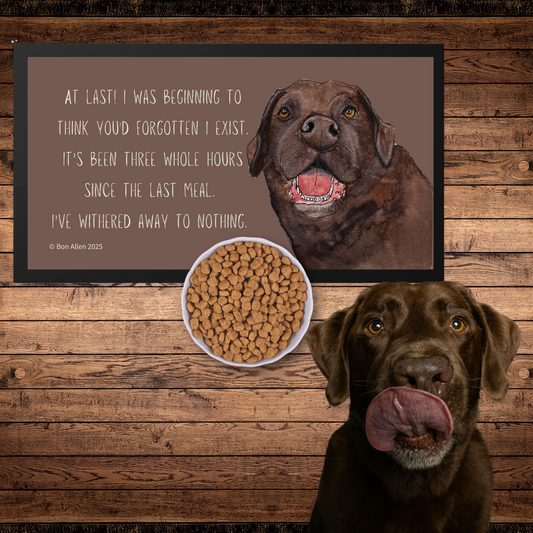 Starving Since Breakfast Pet Bowl Mat – Featuring the Chocolate Labrador