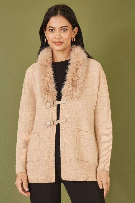 Yumi Oatmeal Cardigan With Detachable Fur Collar Trim