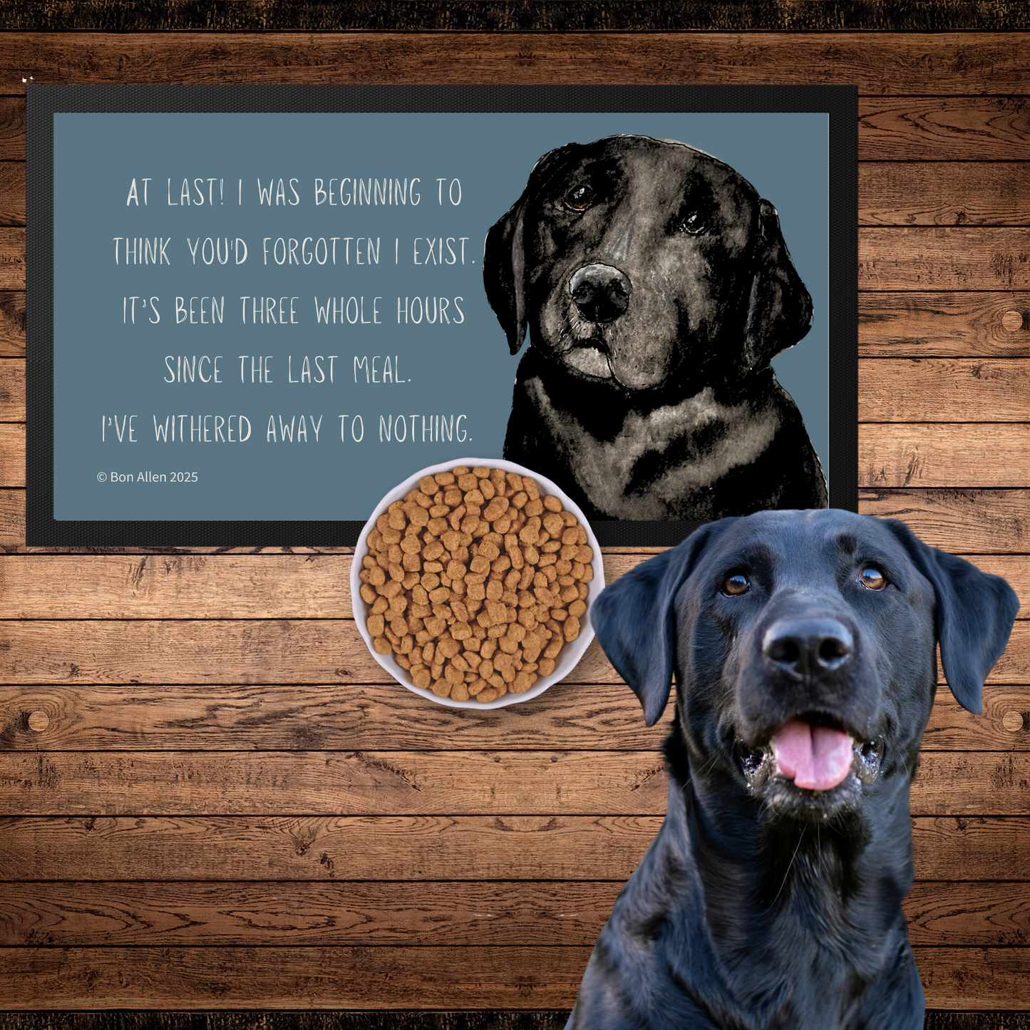Starving Since Breakfast Pet Bowl Mat – Featuring the Black Labrador