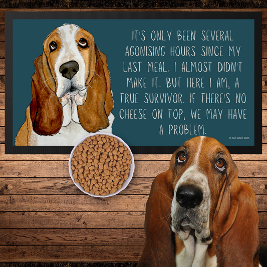 Basset Banquet Mat – The Drama of Dinner Time!