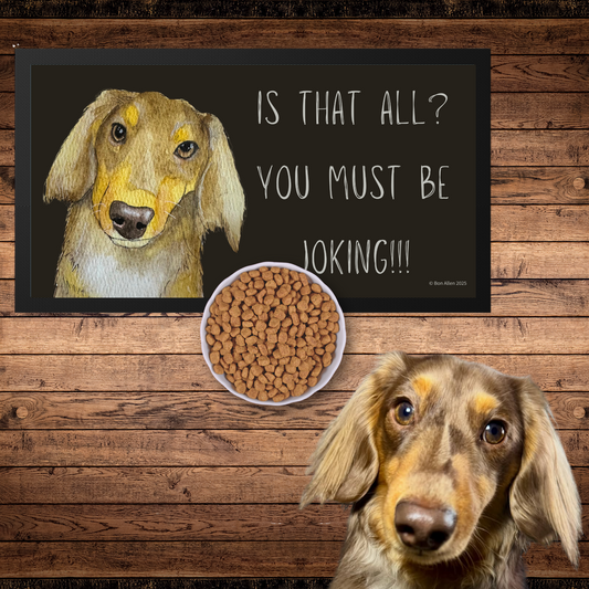 Long Haired Dachshund Dining Drama – Hilarious Pet Bowl Mat!