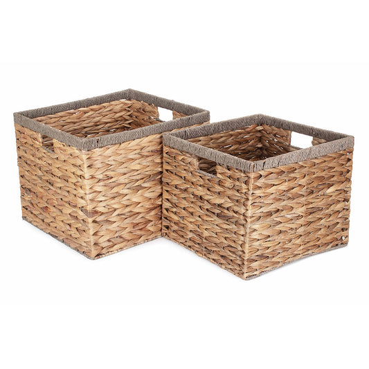 Set of 2 Square Water Hyacinth Storage Baskets with Grey Rope Border