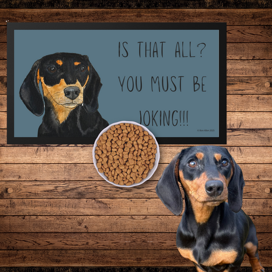 Black & Tan Dachshund Dining Drama – Hilarious Pet Bowl Mat!