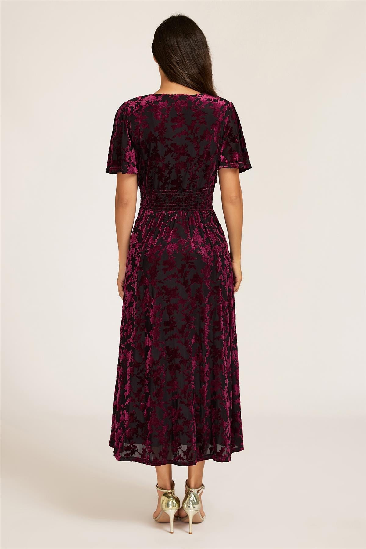 Floral Velvet Devore V neckline Dress In Wine