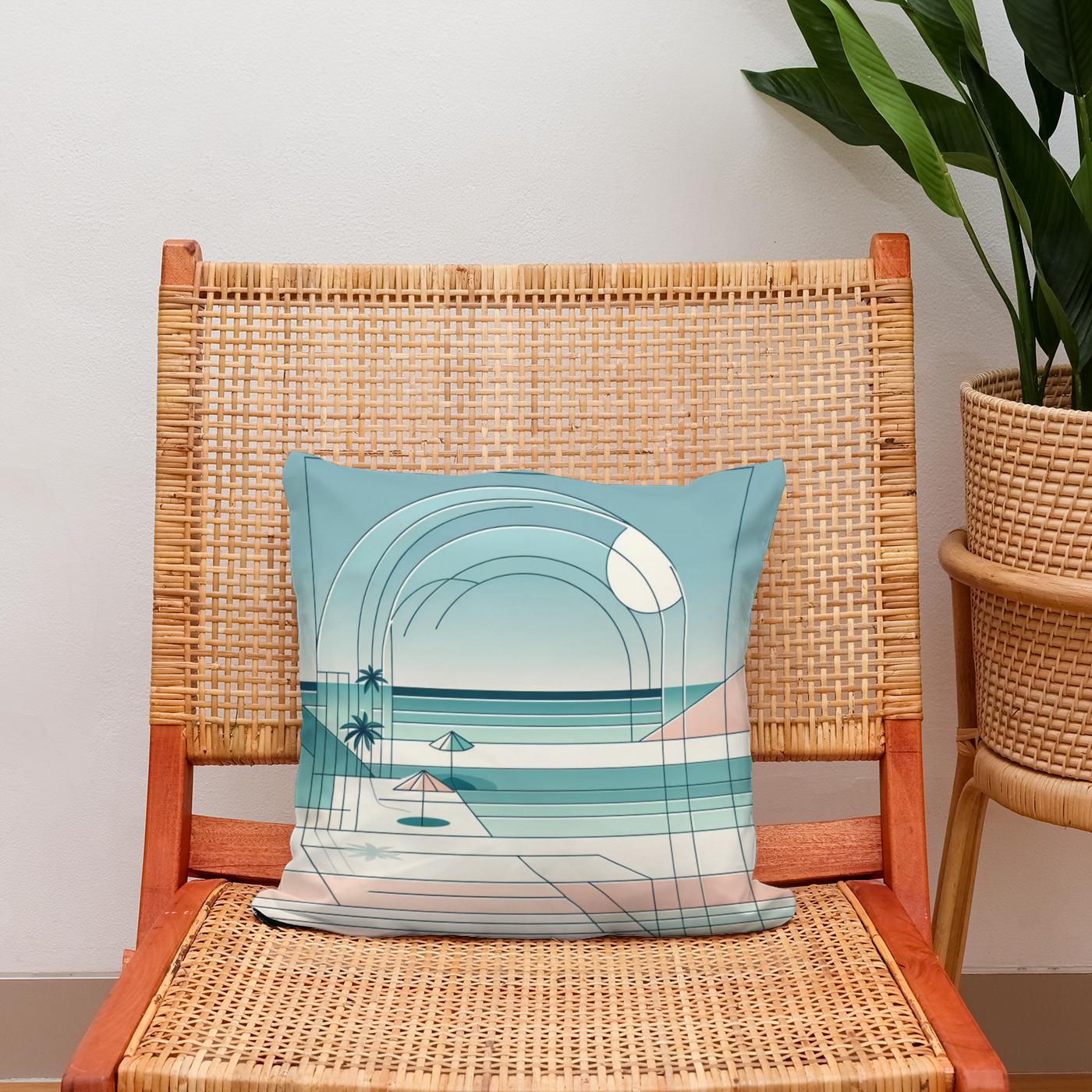 Pastel Shores: A Geometric Seaside Cotton Cushion