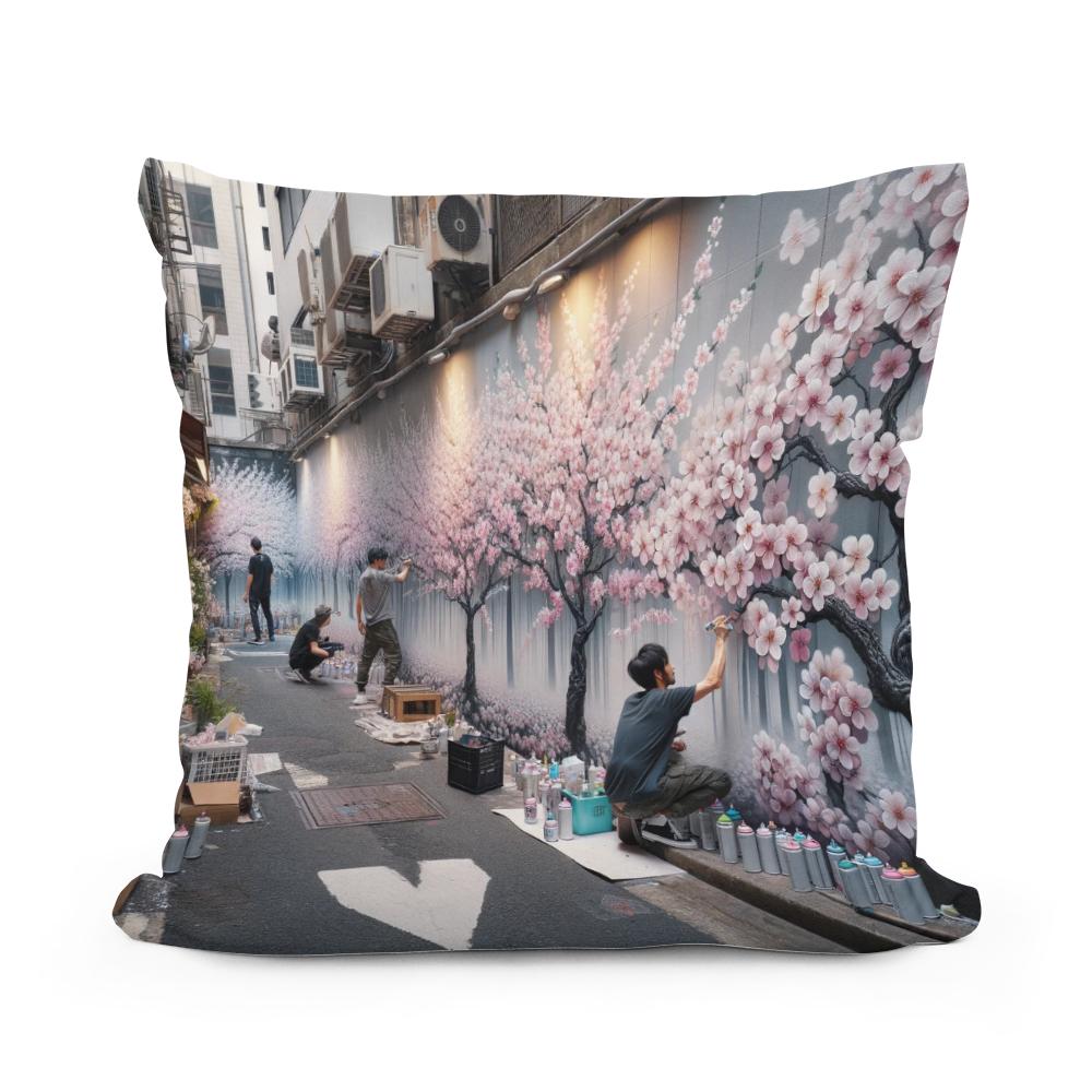Cherry Blossom Graffiti Cotton Cushion