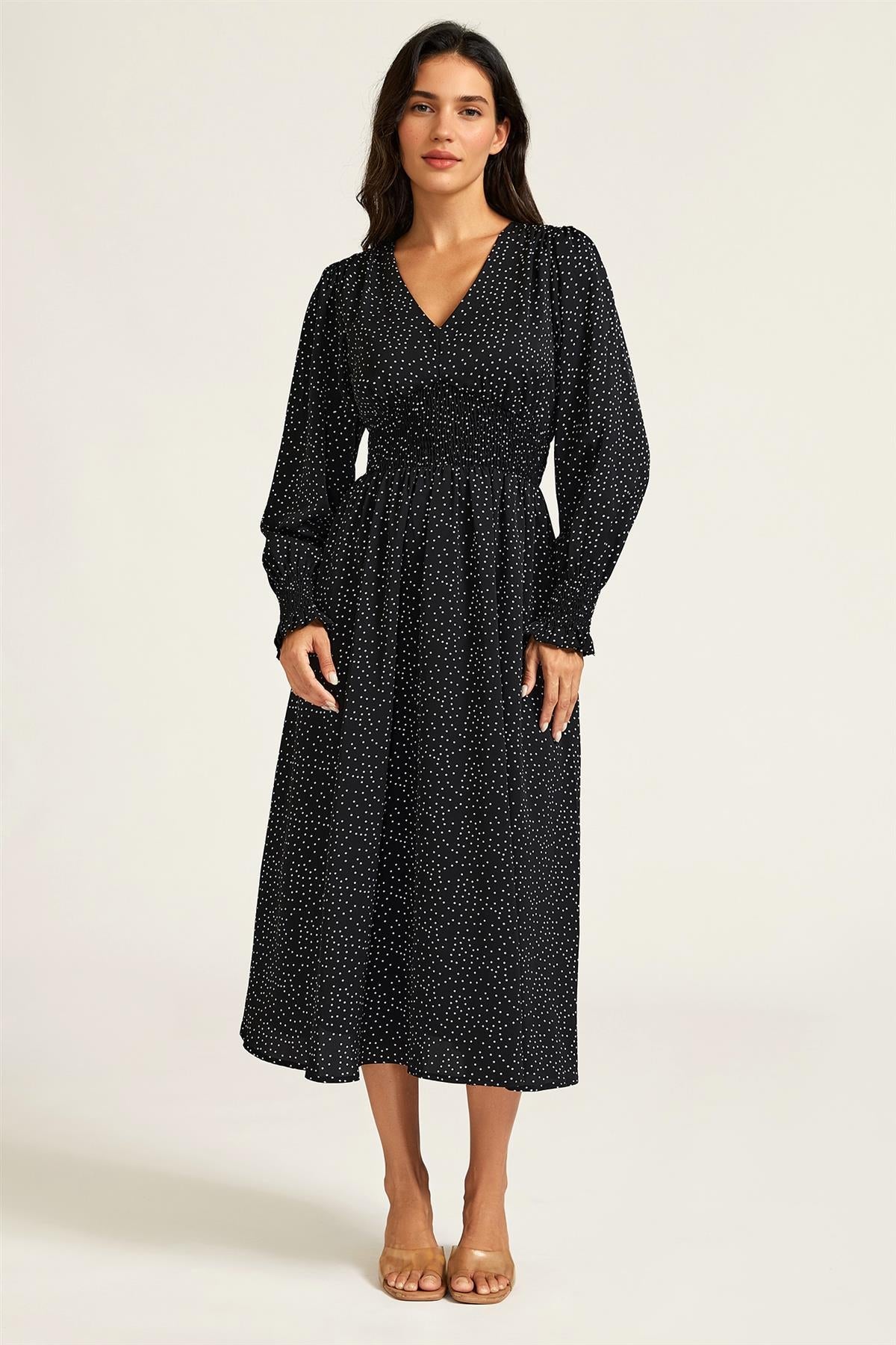 Polka Dot Print Long Sleeve Midi Dress In Black