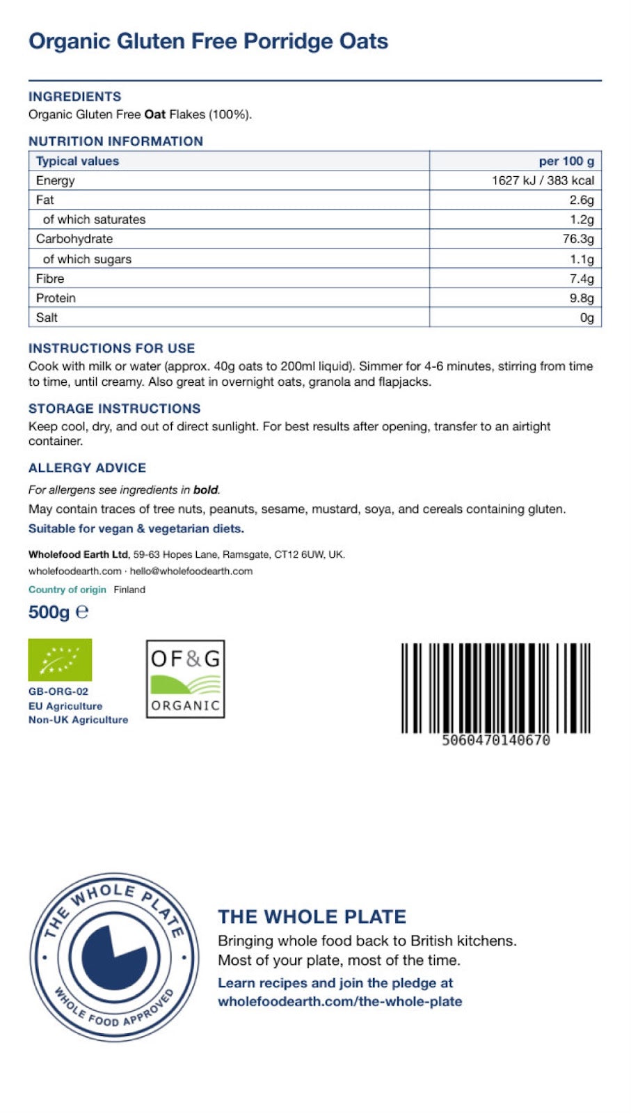 Organic Gluten Free Porridge Oats