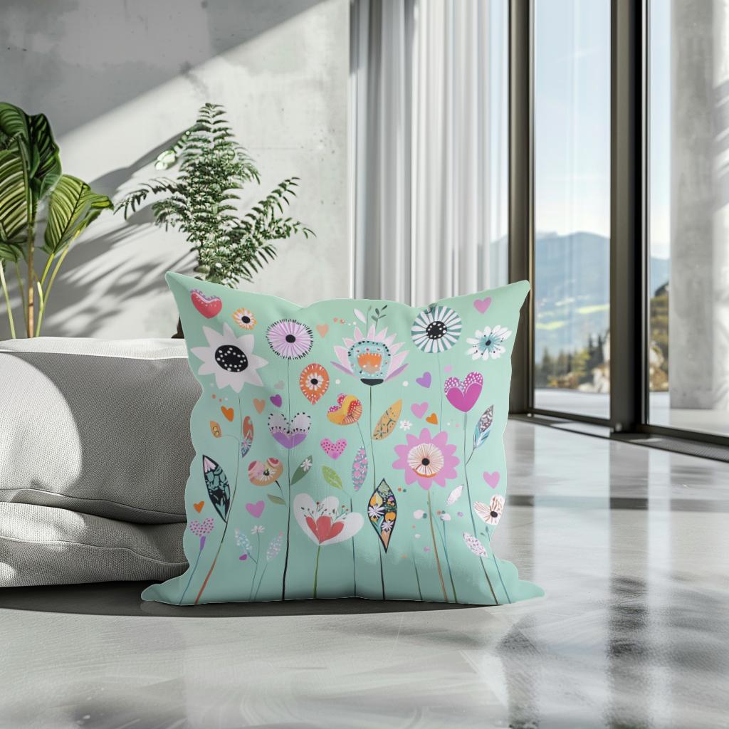 Mint Green Folk Flower Cotton Cushion