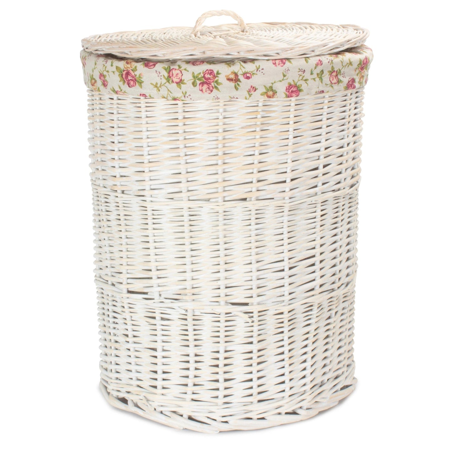 White Wash Willow Round Laundry Hamper With Garden Rose Lining - Large