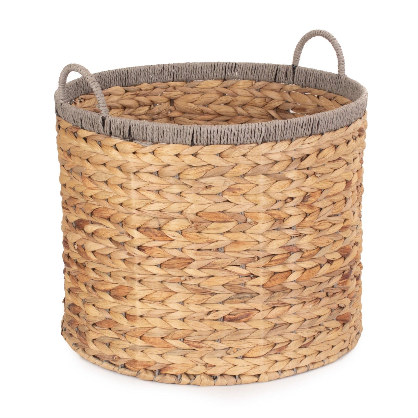 Large Round Water Hyacinth Storage Basket with Grey Rope Border