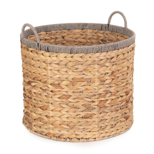 Large Round Water Hyacinth Storage Basket with Grey Rope Border