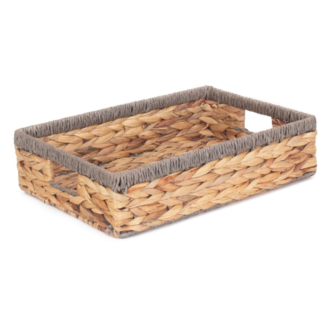 Medium Shallow Rectangular Water Hyacinth Storage Tray Basket with Grey Rope Border