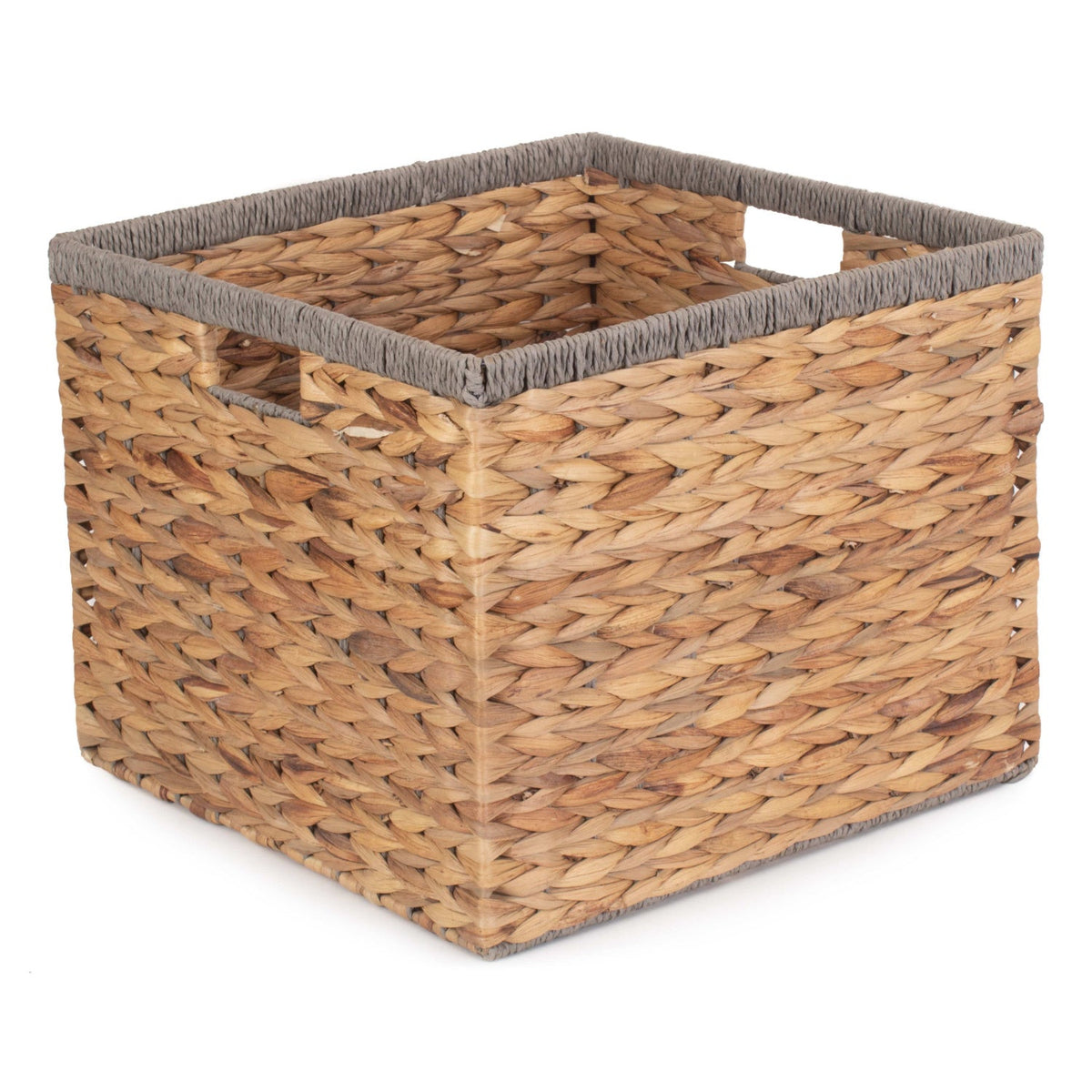 Medium Square Water Hyacinth Storage Basket with Grey Rope Border