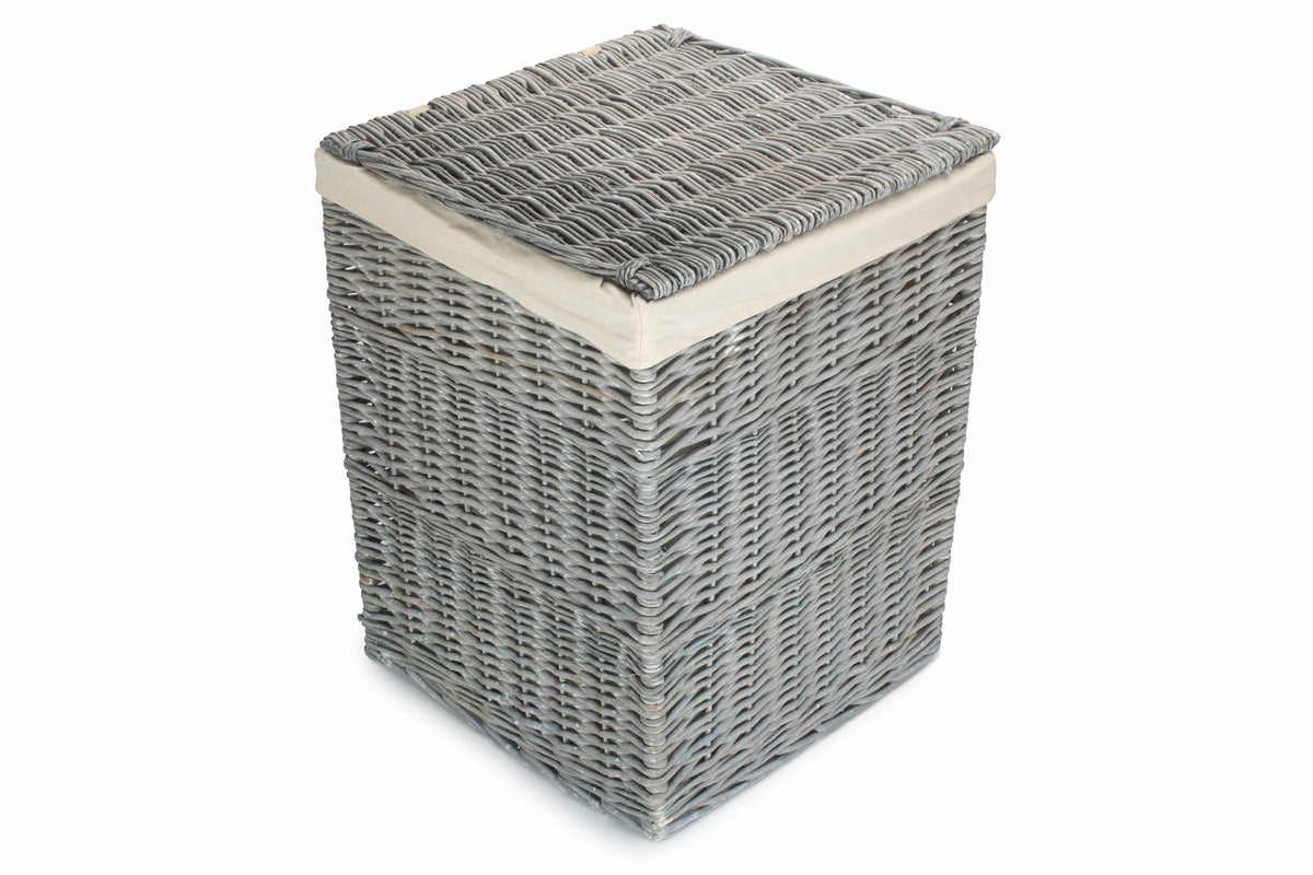 Grey Wash Willow Square Laundry Basket with White Lining - Large
